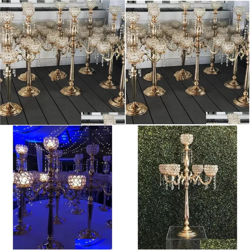party decoration 5 arm gold candle holders candlestick wedding centerpieces for tables centre de table mariage crystal centerpiece