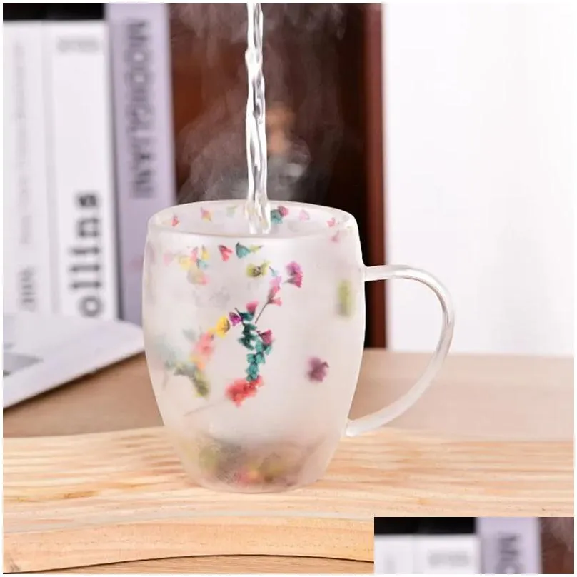 Mugs 350Ml Double Wall Glass Mug Cup With Dry Flower Fillings Handles Kitchen Accessories Wll2148 Drop Delivery Home Garden Kitchen, D Dhbzl