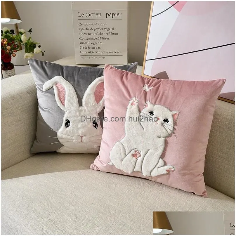 rabbit cute decorative cushion cover 45x45 pink pillow case throw cushion cover animal embroidered velvet pillow cover 231220
