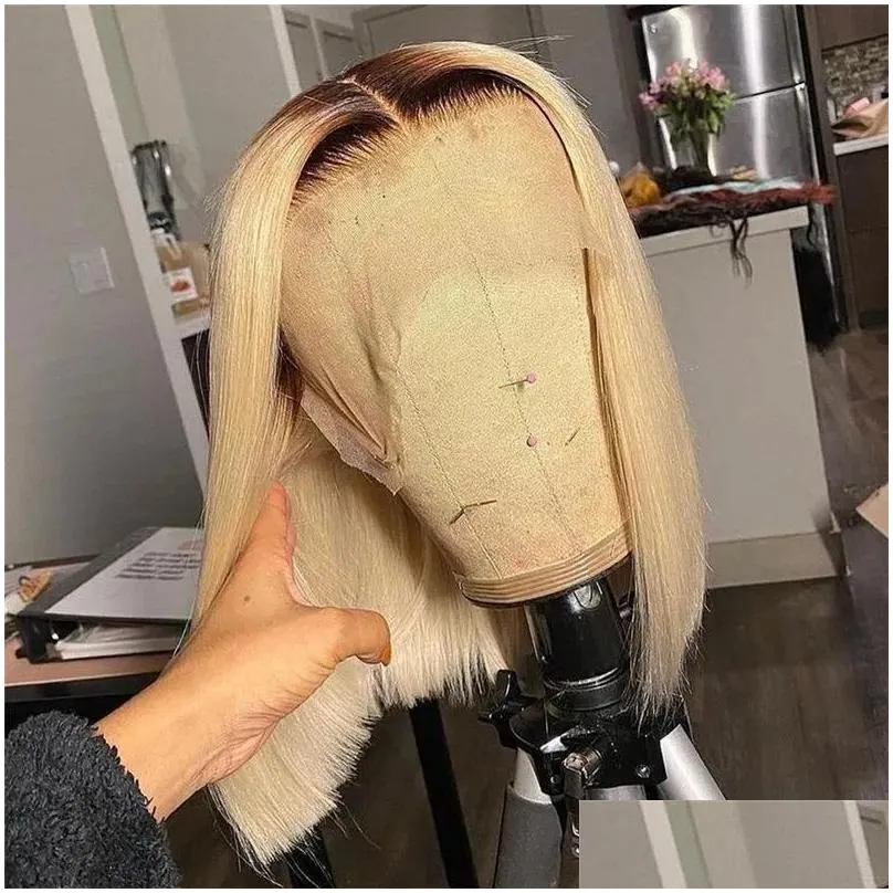 Synthetic Wigs Short Bob Colored Ombre Blonde 1B613 Middle Ratio 13X4 Lace Front Wig With Baby Hair For Black Women Glueless Drop Del Dhdbw