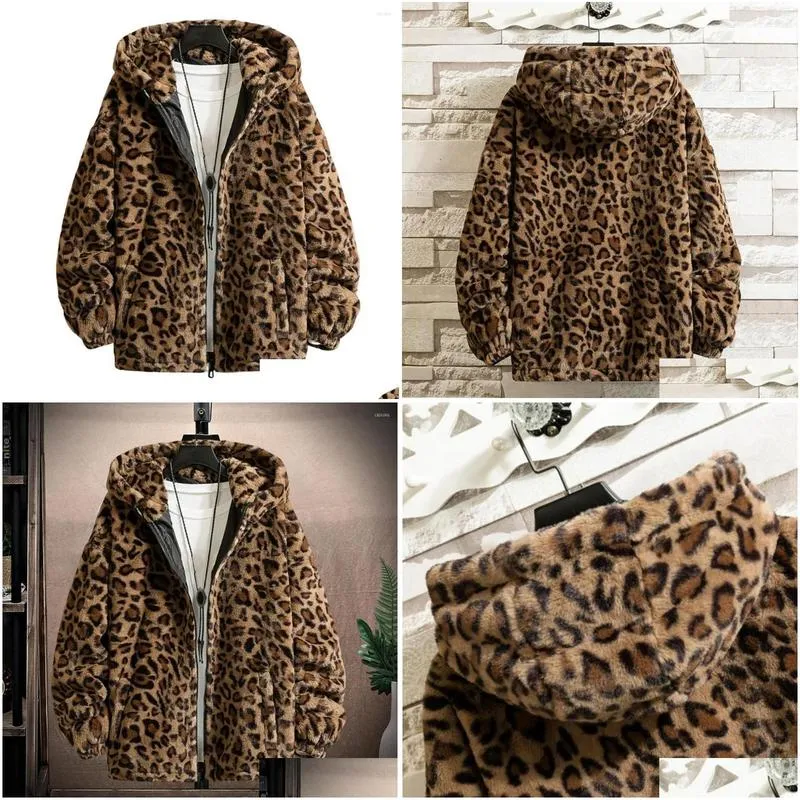 Men`S Jackets Mens Jackets Coat For Men Leopard Print Long Sleeve Zipper Closure Winter Thickened Double-Sided P Hooded Jacket Outerwe Dhydc