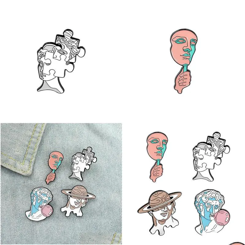 Pins, Brooches Pins Brooches Hoseng 4Pcs Cartoon Face Scpture Creative White Color Brooch Fashion Backpack Lapel Enamel Jewelry Pin B Dhkyc