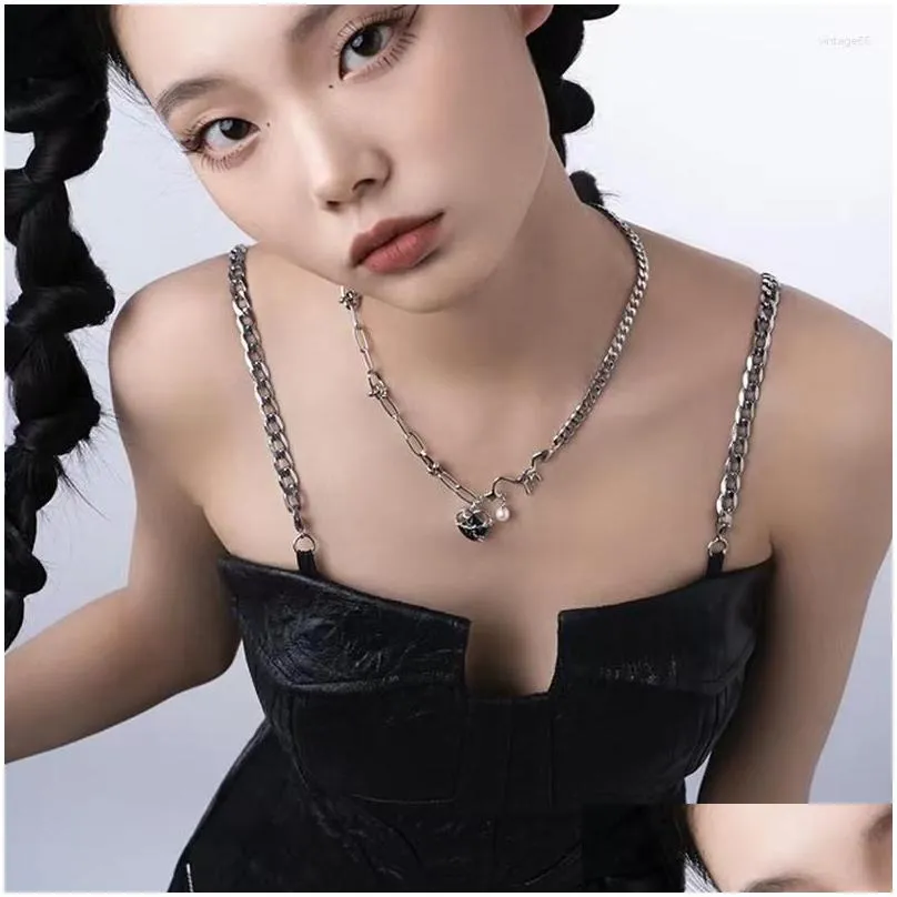 Pendant Necklaces Fashion Dark Blue Crystal Heart Necklace For Women Casual Pearl Clavicle Chunky Link Chains Colliers Charm Jewelry Dhn0Y