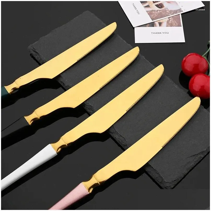 Knives Luxury Stainless Steel 10Pcs Dinner Set Sharp Steak Knife Western Gold Tableware Restaurant Dinnerware Drop Delivery Dhd4U