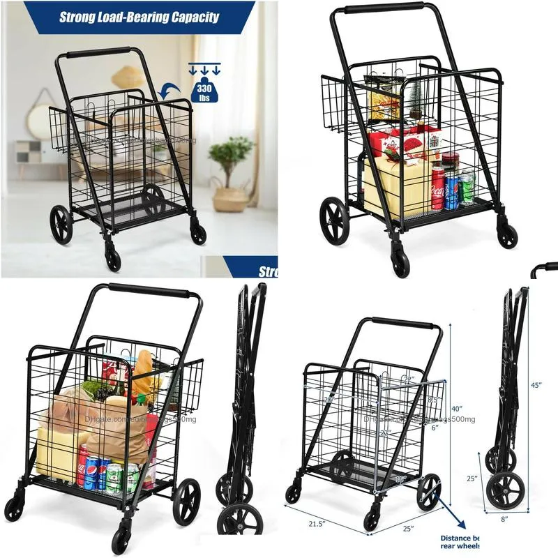 storage baskets 330lbs heavy duty folding shopping cart utility jumbo double basket black 230613