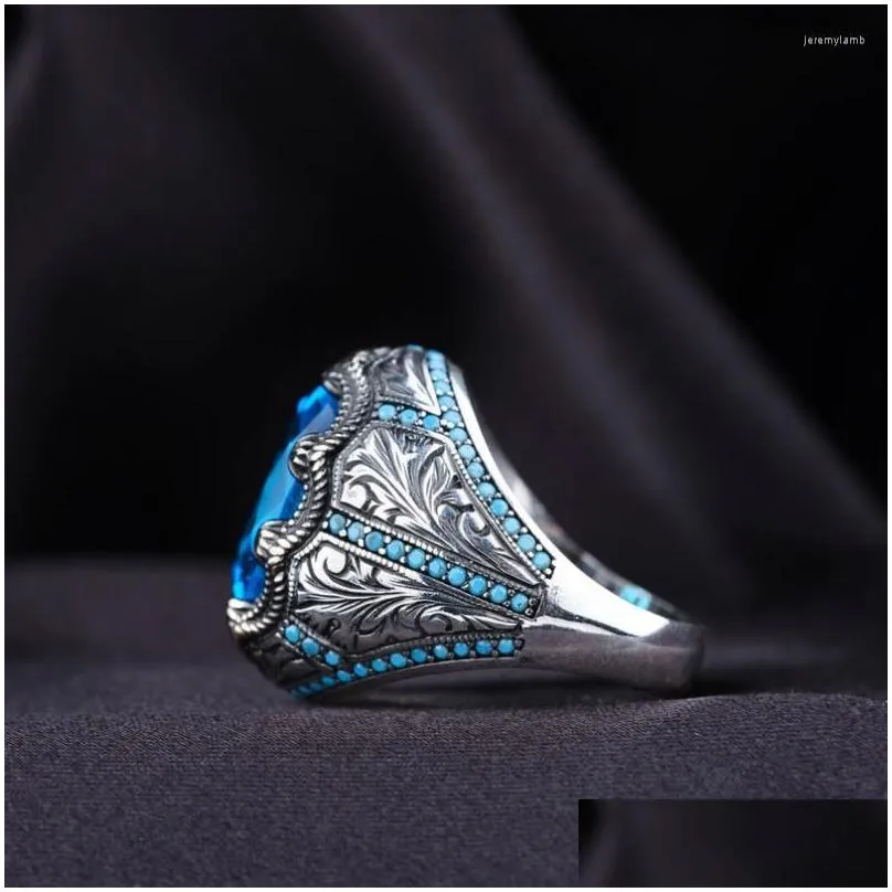 Cluster Rings Retro Handmade Turkish Signet For Men Ancient Sier Color Carved Pattern Ring Blue Zircon Inlay Punk Drop Delivery Dho3U