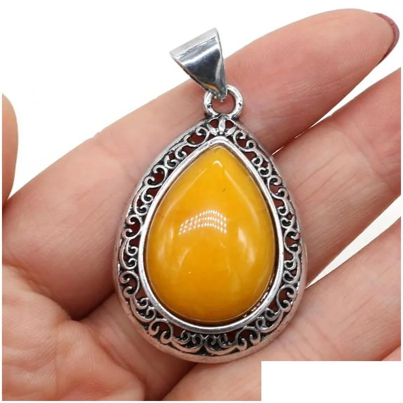 Pendant Necklaces Natural Rose Quartzs Malachites Water Drop Shaped Agates Stone Charms For Making Women Jewelry 24X40Mm Drop Deliver Dhv7N