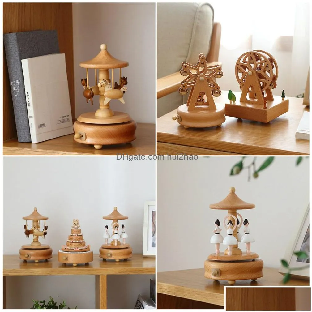 decorative objects figurines carousel music box wooden music box wind up cartoon musical boxes for girls christmas birthday gift or desk decoration ornament