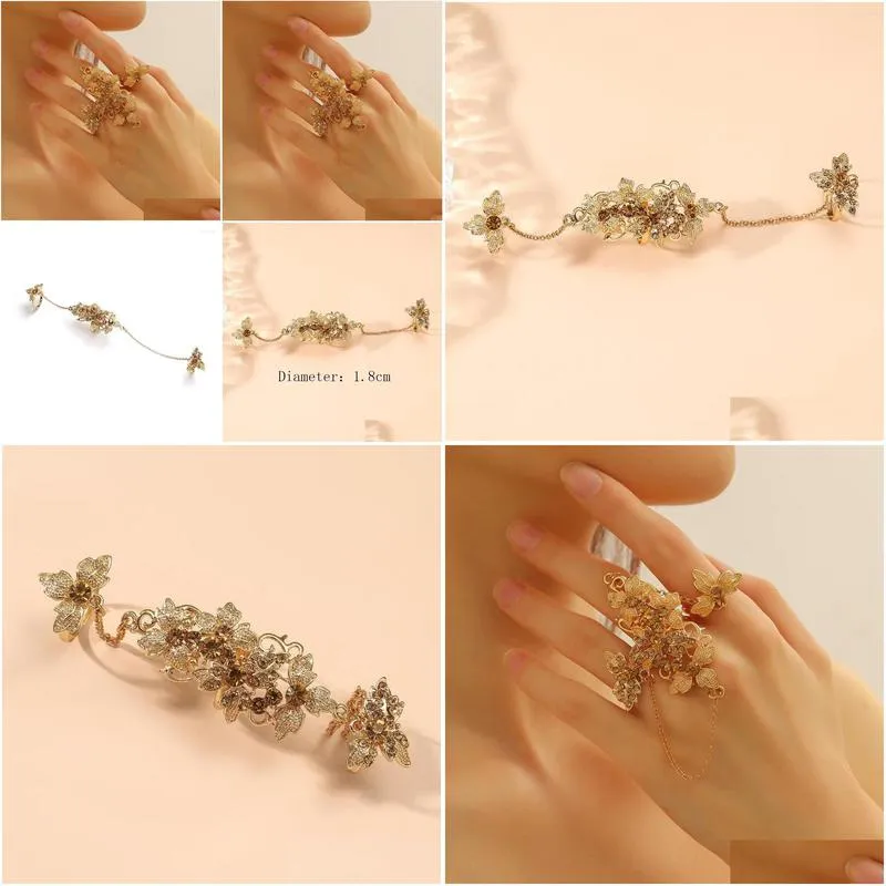 Wedding Rings Exquisite Champagne Color Crystal Hollow Flower For Women Bridal Link Chain Midi Finger Anillos Party Gift Drop Deliver Dhk4E