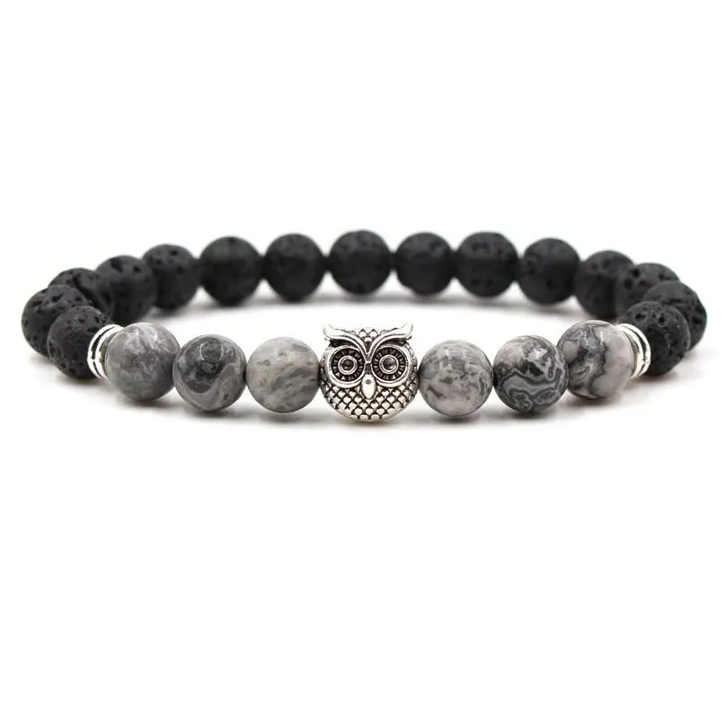 Beaded Natural Black Lava Stone Beads Owl Charm Bracelet  Oil Diffuser Volcanic Rock Beaded Drop Delivery Jewelry Bracelets Dhxsb
