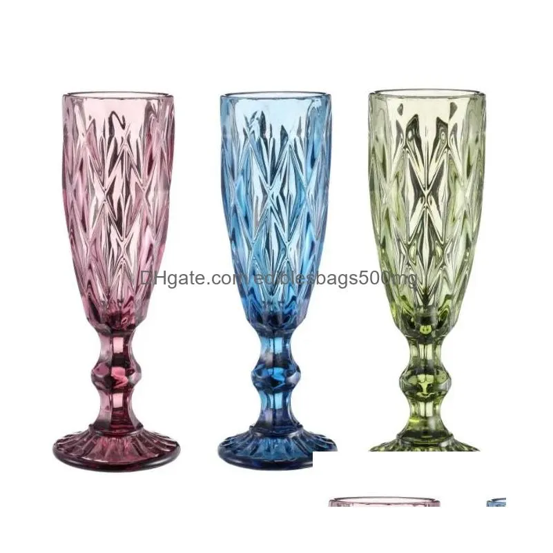 machine pressed vintage colored goblet white wine champagne flute water glass green blue pink glass goblets glass cup 0619