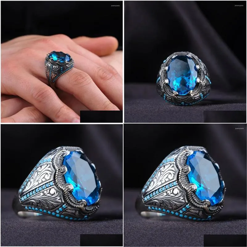 Cluster Rings Retro Handmade Turkish Signet For Men Ancient Sier Color Carved Pattern Ring Blue Zircon Inlay Punk Drop Delivery Dho3U