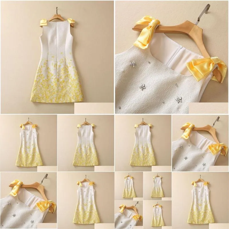 Basic & Casual Dresses Casual Dresses European And American Womens Clothes 2023 Spring New Bow Jacquard Print Sleeveless Yellow Fashi Dhzko