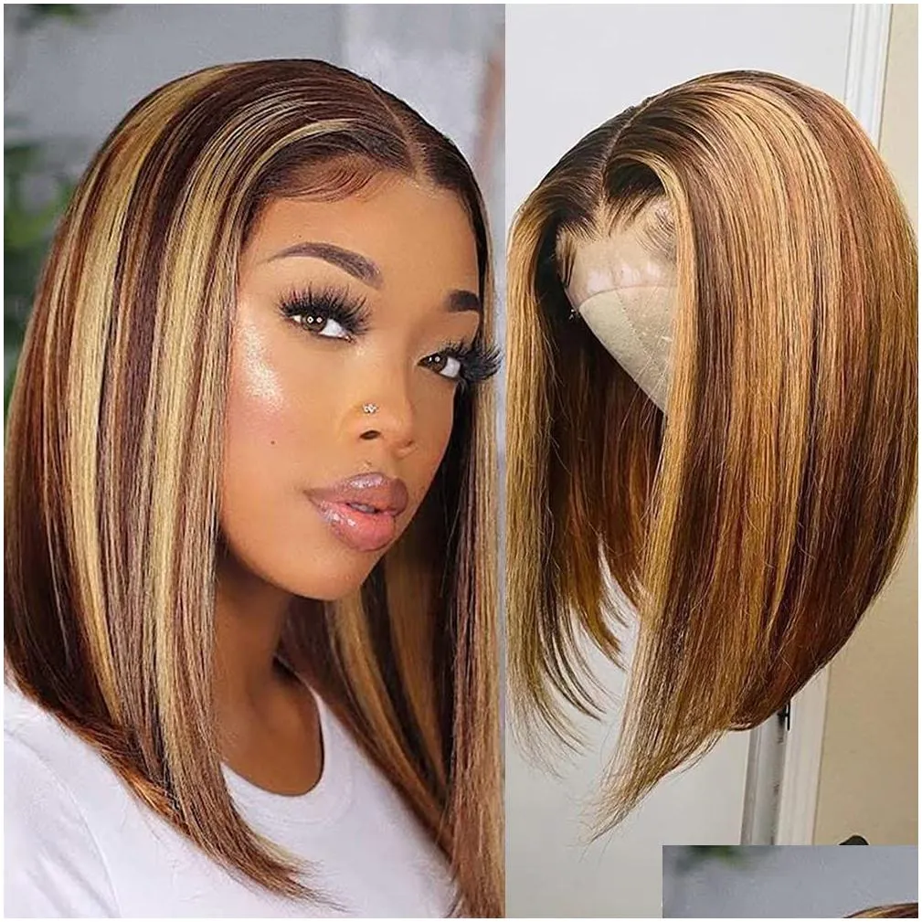 Synthetic Wigs Brazilian Bob Highlight Wigs 4/27 Colored Straight Lace Short Human Hair For Black Women Synthetic Front Wig Drop Deli Dhhxz