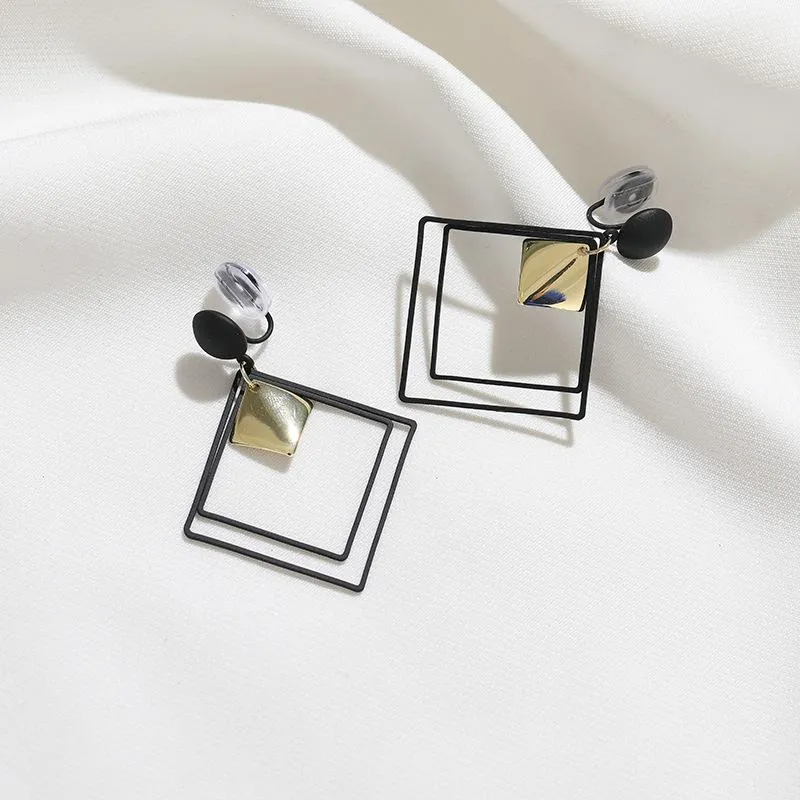 temperament black geometric diamond square earrings personality face thin earring mosquito coil no piercing ear clip women