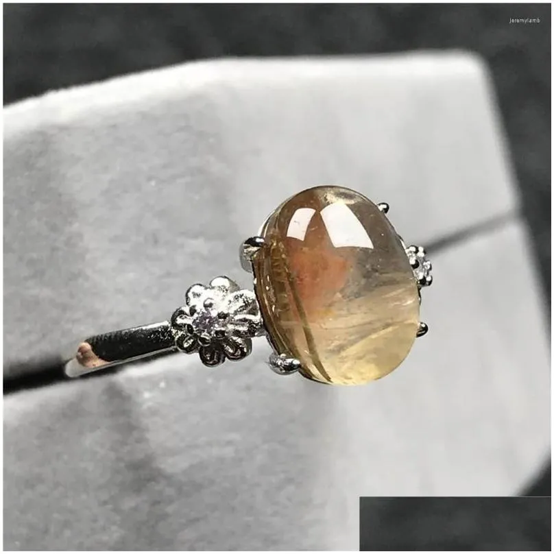 Cluster Rings Natural Gold Rutilated Quartz Ring Jewelry For Woman Lady Man Crystal 10X8Mm Oval Beads Sier Stone Adjustable Drop Deli Dhzhw