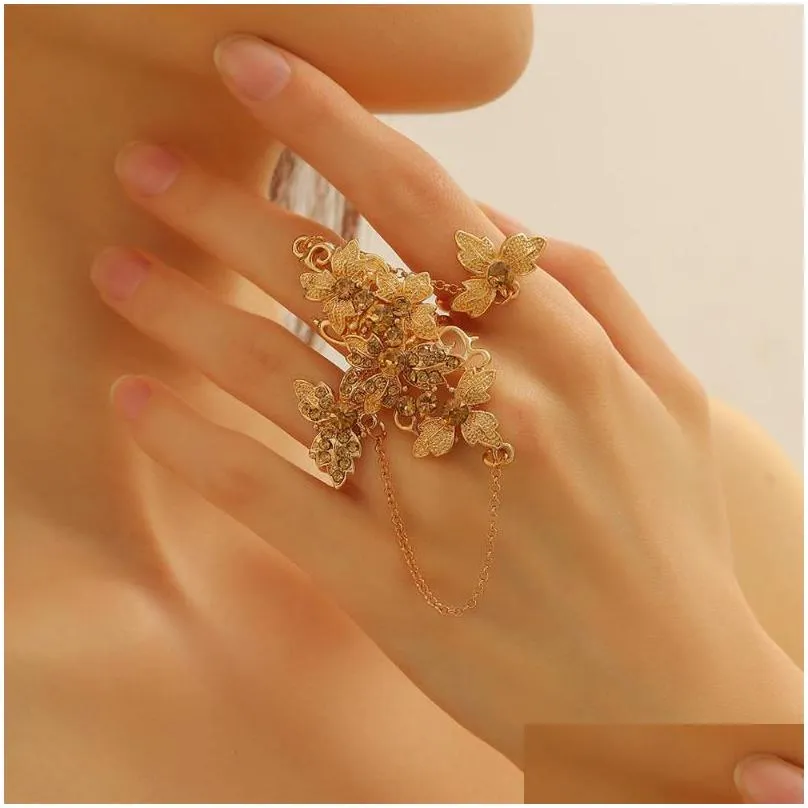 Wedding Rings Exquisite Champagne Color Crystal Hollow Flower For Women Bridal Link Chain Midi Finger Anillos Party Gift Drop Deliver Dhk4E