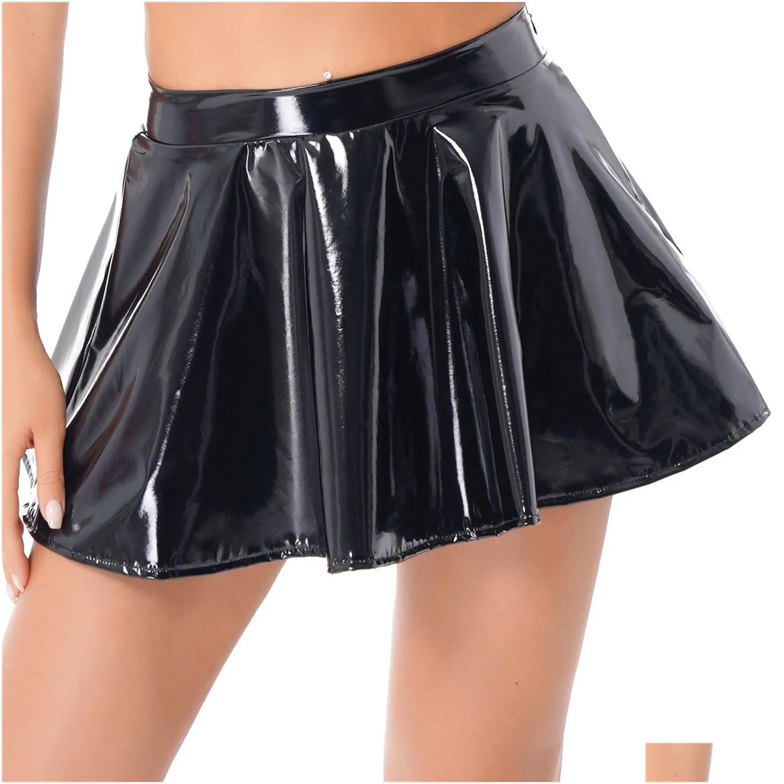 Skirts Womens Latex Skirt For Rave Party Club Dance Stage Performance Costume Clubwear Woman Wetlook Patent Leather Flared Mini Drop Dh78S