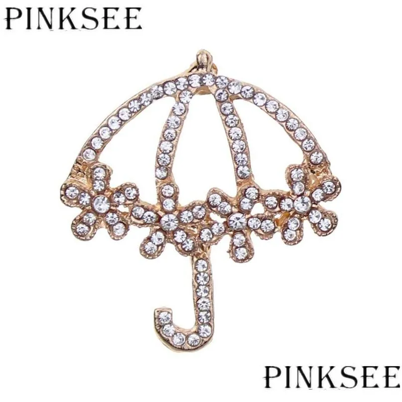 Pins, Brooches Pins Brooches Pinksee Creative Cute Hollow Crystal Flower Umbrella Brooch Women Girls Wedding Party Charm Fashion Jewe Dh0Ex