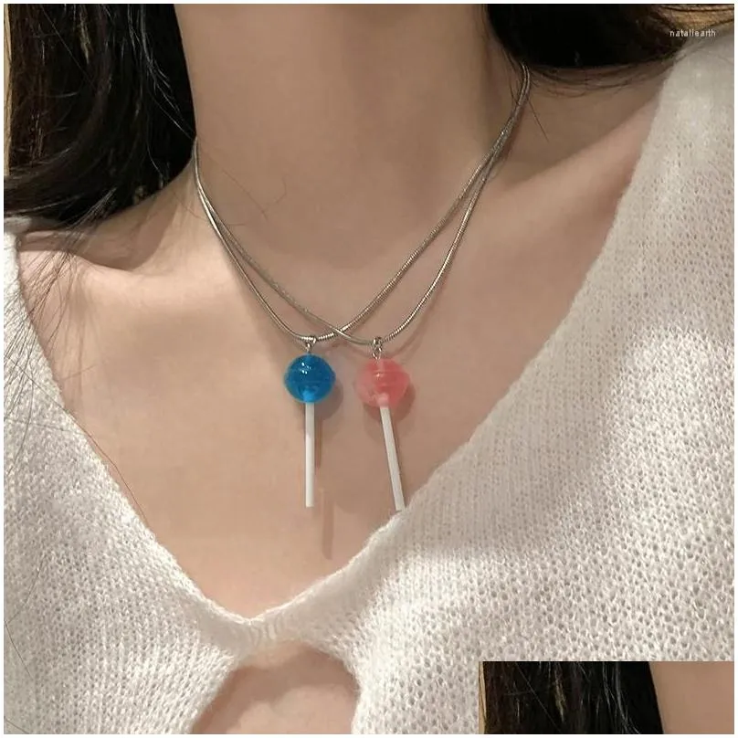 Pendant Necklaces 2023 Lollipop Necklace Pink And Blue Sweet Lovely Style Collar Chain Lovers Personality Accessories Y2K Drop Delive Dhdbz