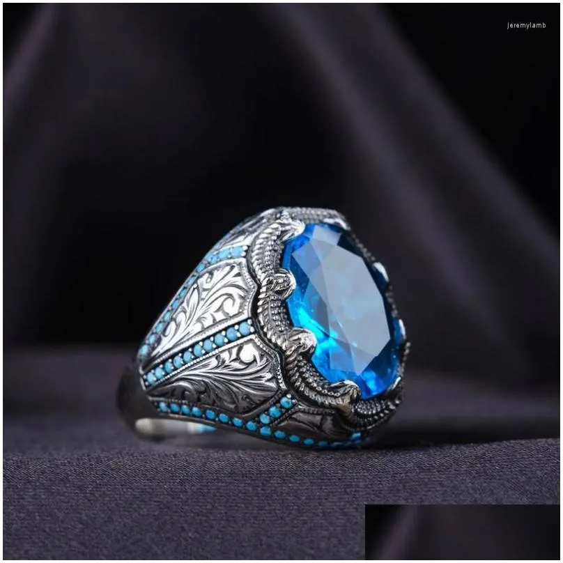 Cluster Rings Retro Handmade Turkish Signet For Men Ancient Sier Color Carved Pattern Ring Blue Zircon Inlay Punk Drop Delivery Dho3U