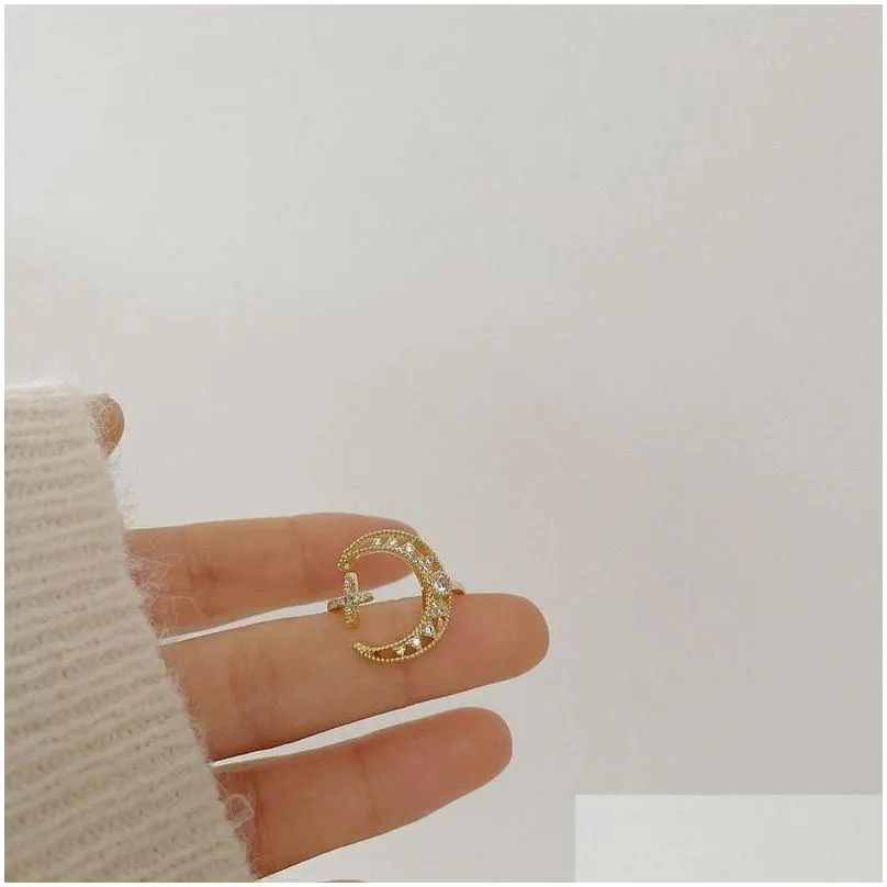 Wedding Rings 2023 Korea Romantic Fashion Jewelry Exquisite Copper Inlaid Zircon Star Moon Opening Adjustable Female Index Finger Rin Dhbmn