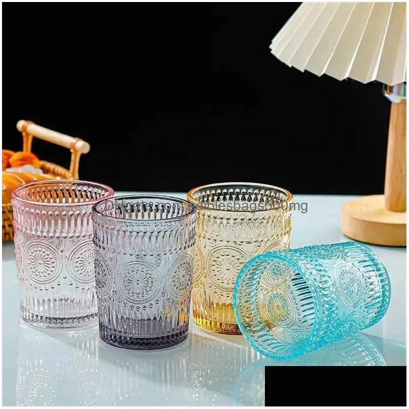 72 pieces /carton vintage drinking glasses romantic water glasses embossed romantic glass tumbler for juice beverages beer cocktail