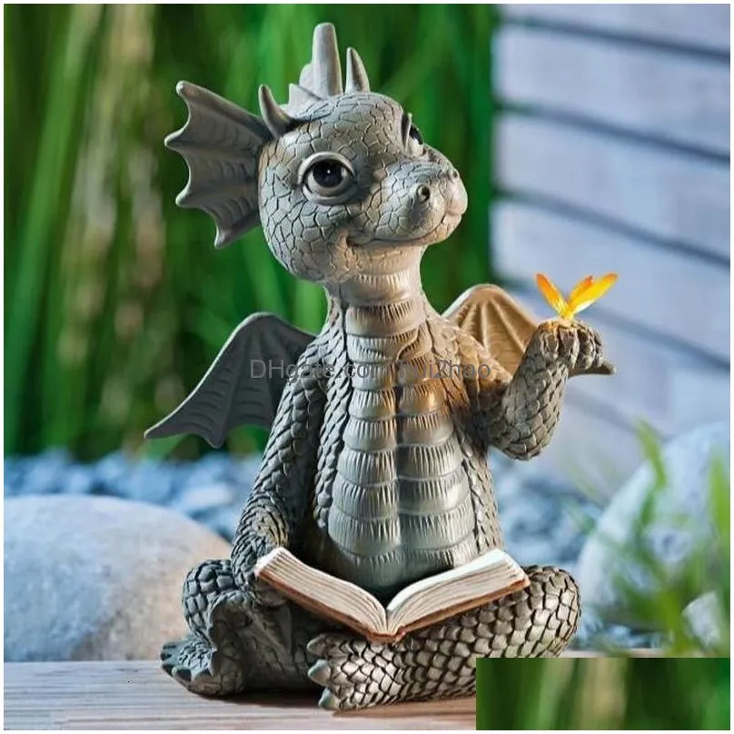 decorative objects figurines cute little dragon dinosaur meditation reading book sculpture figure garden home decoration resin ornament outdoor decor