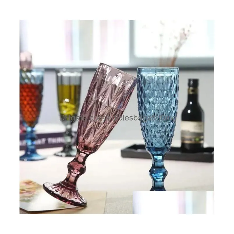 machine pressed vintage colored goblet white wine champagne flute water glass green blue pink glass goblets glass cup 0619