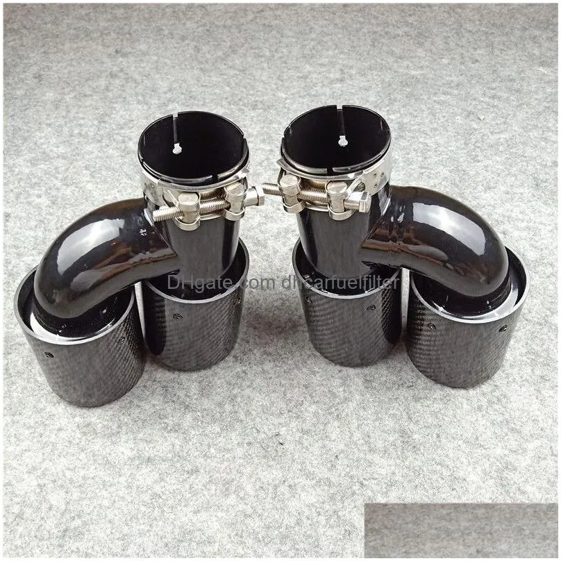 one pair h style carbon fiber exhaust end tips auto muffler glossy black stainless steel for bmw with m logo