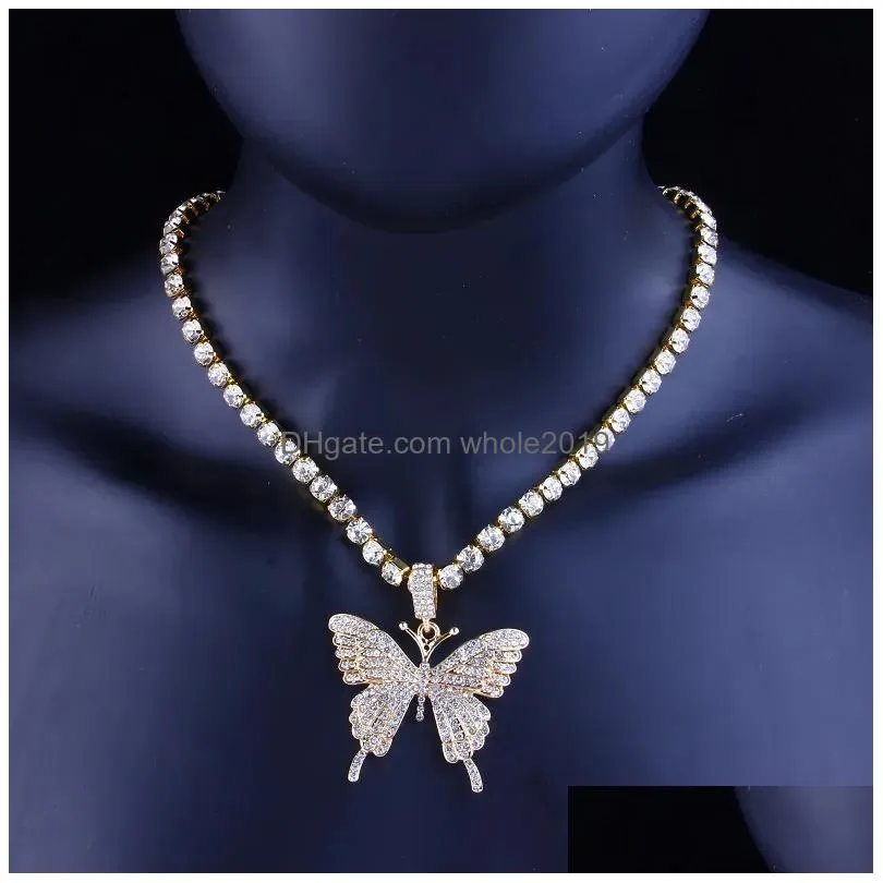 Pendant Necklaces Iced Out Butterfly Pendant Necklace Gold Sier Tennis Chain Mens Womens Hip Hop Necklaces Jewelry Drop Delivery Jewel Dhpp7