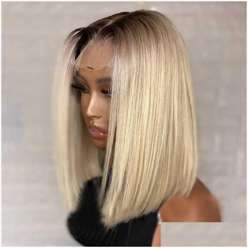 Synthetic Wigs Short Bob Colored Ombre Blonde 1B613 Middle Ratio 13X4 Lace Front Wig With Baby Hair For Black Women Glueless Drop Del Dhdbw