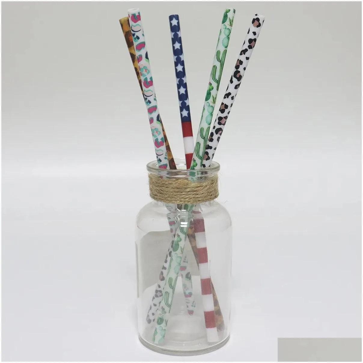 Drinking Straws 9 Inches Reusable Plastic Printed Sts Lemon Cactus Leopard Daisy Camouflage American Flag Zebra Pattern For Mason Jar Dhuev
