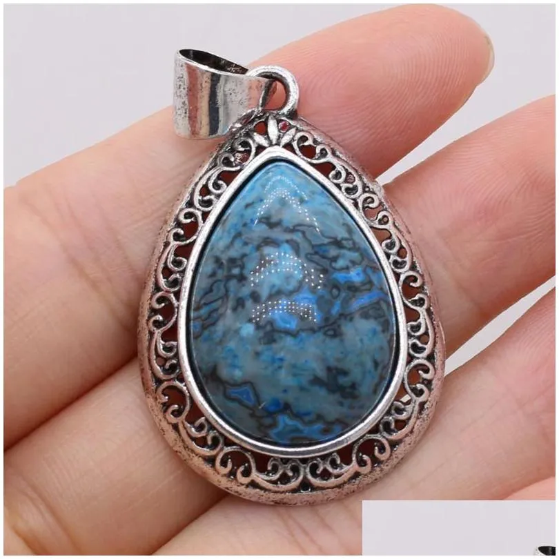 Pendant Necklaces Natural Rose Quartzs Malachites Water Drop Shaped Agates Stone Charms For Making Women Jewelry 24X40Mm Drop Deliver Dhv7N