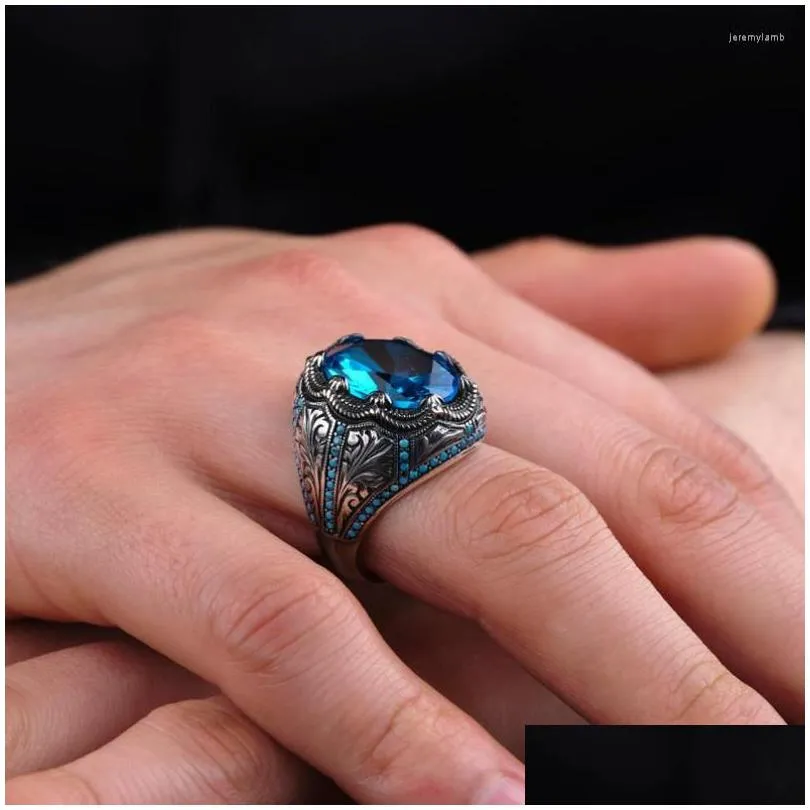 Cluster Rings Retro Handmade Turkish Signet For Men Ancient Sier Color Carved Pattern Ring Blue Zircon Inlay Punk Drop Delivery Dho3U