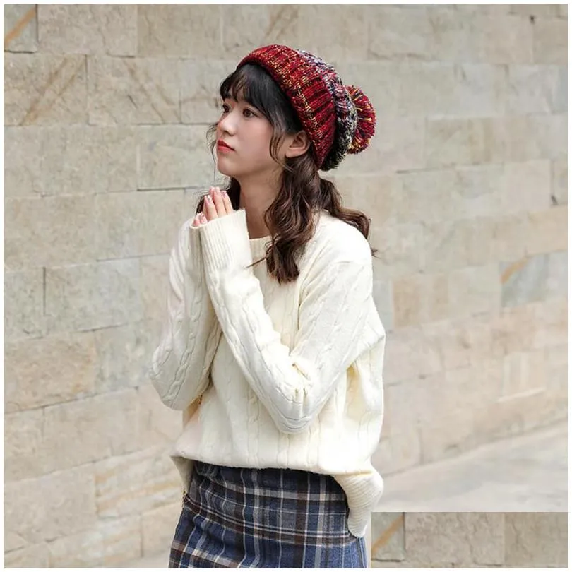 Beanie/Skull Caps Beanies Beanie/Skl Caps Mixed Color Pompon Snow Adt Autumn Winter Casual Knitted Thicken Warm Soft Decoration Outdoo Dh6Km