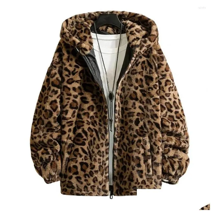 Men`S Jackets Mens Jackets Coat For Men Leopard Print Long Sleeve Zipper Closure Winter Thickened Double-Sided P Hooded Jacket Outerwe Dhydc