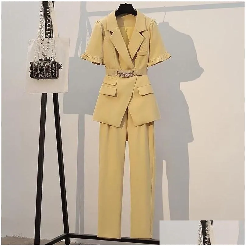 Women`S Two Piece Pants Womens Two Piece Pants Spring Summer The Big Yards Western Style Fashion Ladies Show Thin Minus Age Suit Suit Dhzau