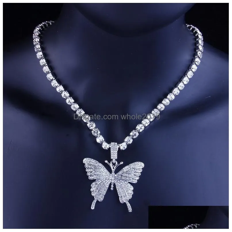 Pendant Necklaces Iced Out Butterfly Pendant Necklace Gold Sier Tennis Chain Mens Womens Hip Hop Necklaces Jewelry Drop Delivery Jewel Dhpp7