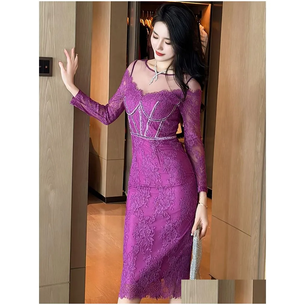 Basic & Casual Dresses Casual Dresses French Elegant Prom Women Celebrtity Y Sheer Mesh Lace Panel High Waist Slit Robe Femme Party B Dh8Kb