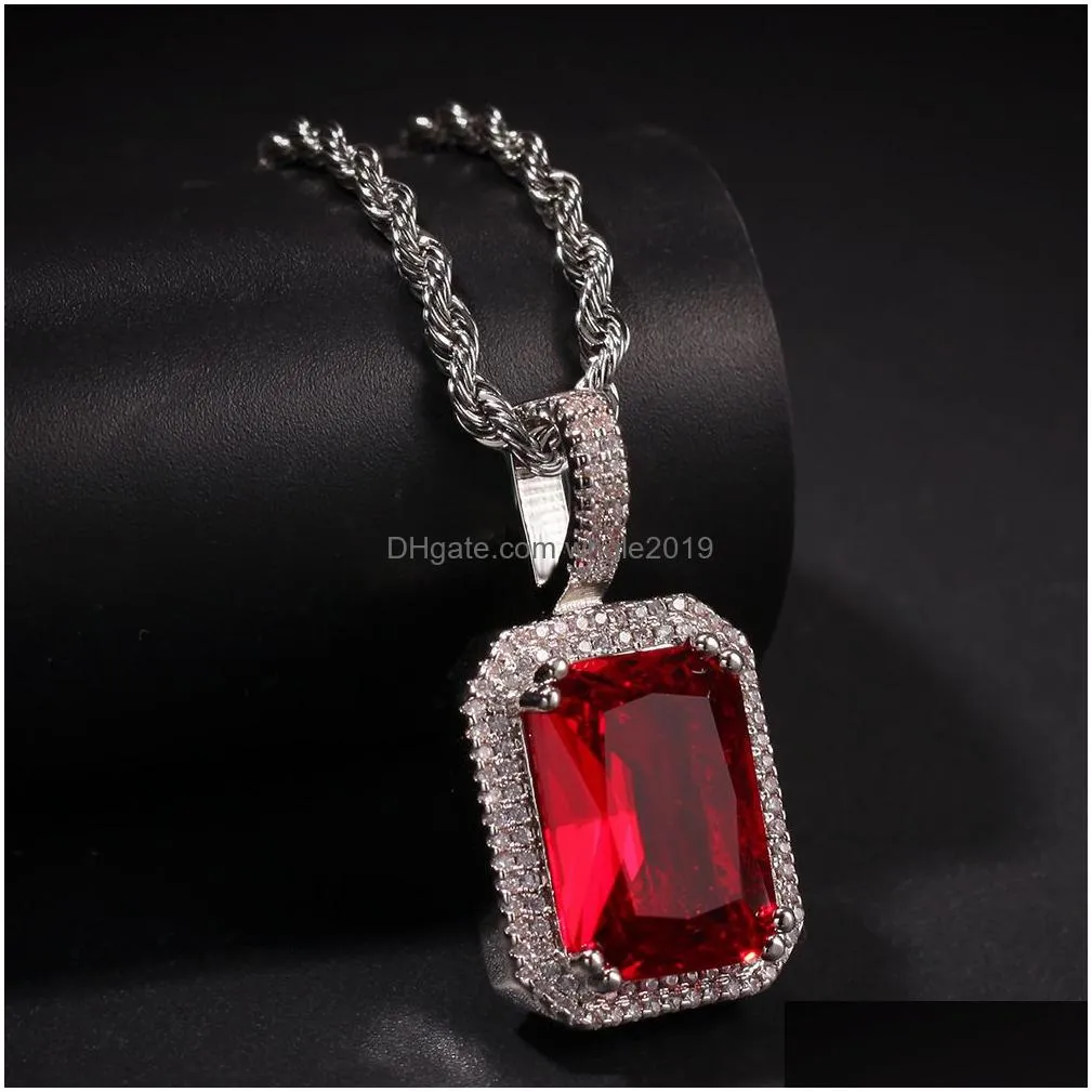 Pendant Necklaces Mens Hip Hop Necklace Jewelry Fashion Fluorescent Square Gem Pendant Red Pink Gemstone Necklaces With Mx24Inch Drop Dhe5N