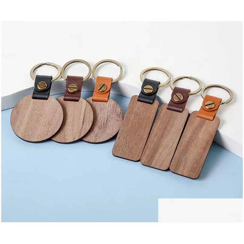 Blank Leather And Wood Keychain Rectange Round Wooden Key Ring For Personalized Engraving Carving Lage Decoration Drop Delivery Dhxyg