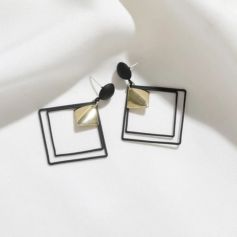 temperament black geometric diamond square earrings personality face thin earring mosquito coil no piercing ear clip women