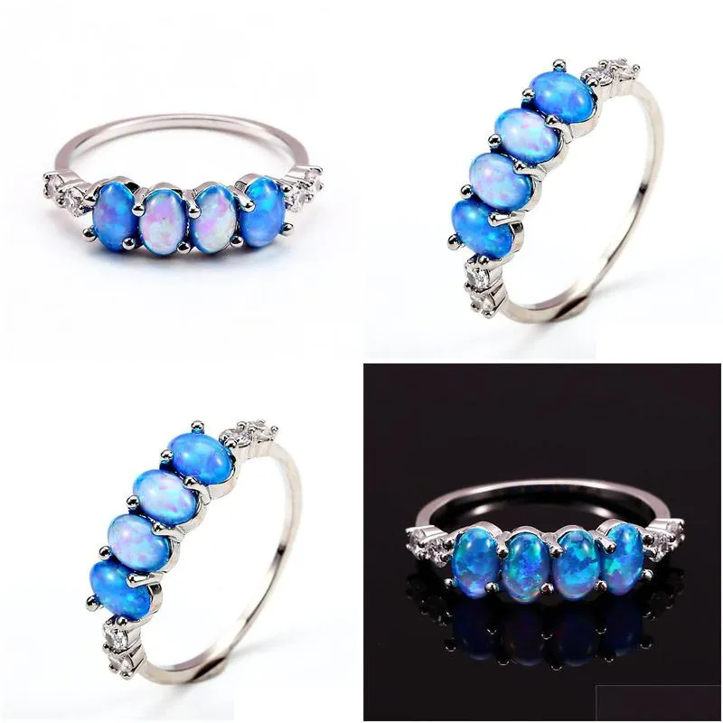 Wedding Rings Trendy Blue Fire Opal Engagement Ring Single Row Small Oval Stone Vintage Sier Color For Women Boho Jewelrywedding Drop Dhvbc