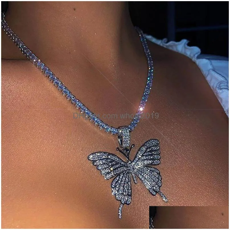 Pendant Necklaces Iced Out Butterfly Pendant Necklace Gold Sier Tennis Chain Mens Womens Hip Hop Necklaces Jewelry Drop Delivery Jewel Dhpp7