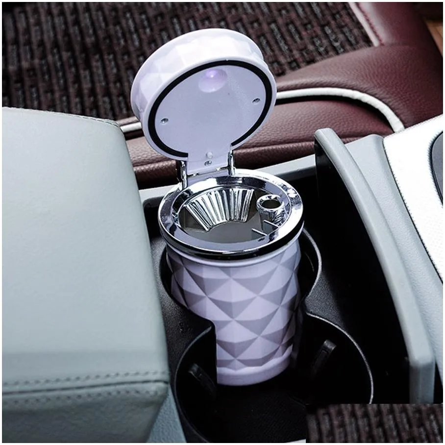 Ashtrays Car Accessories Luxury Portable Led Light Ashtray Cigarette Holder Styling Smoke Black White Storage Cup Vt0971 Drop Delivery Dh0Uv