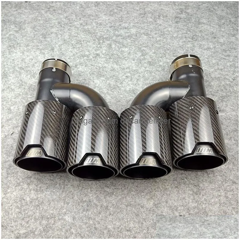 one pair h style carbon fiber exhaust end tips auto muffler glossy black stainless steel for bmw with m logo