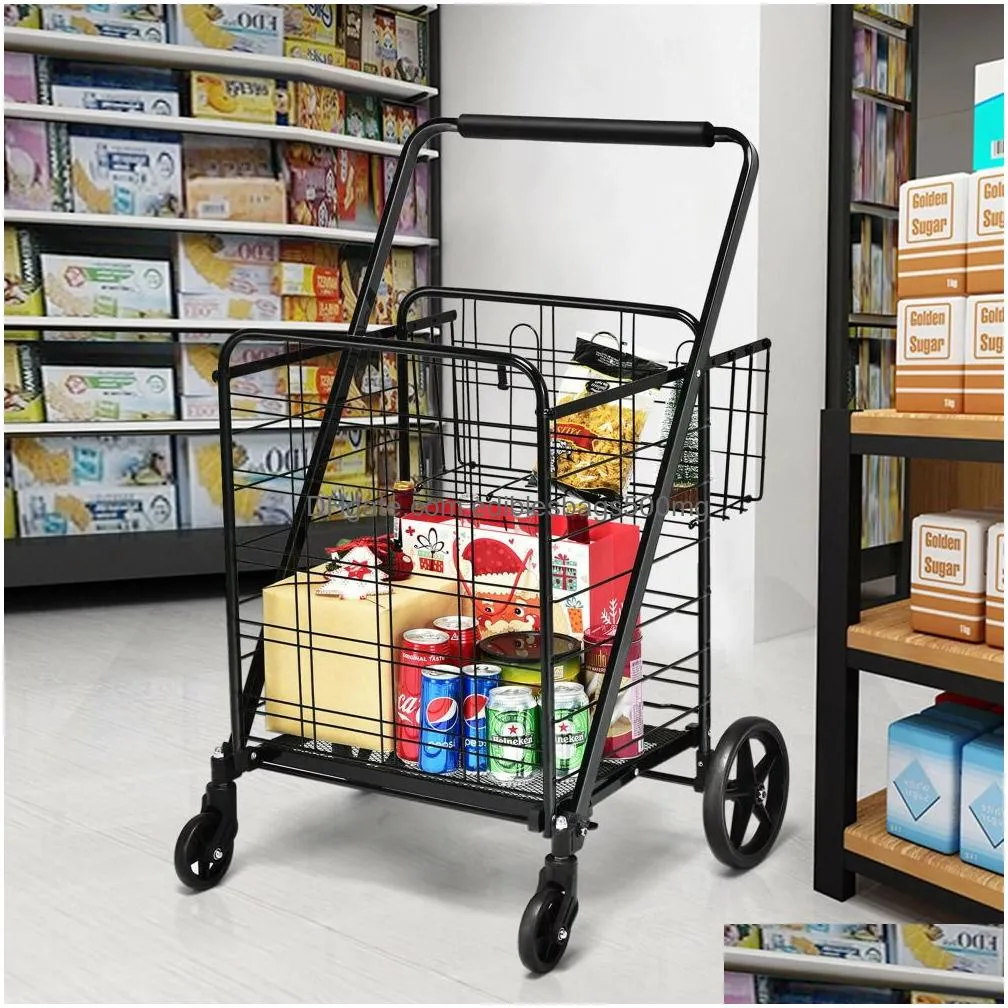 storage baskets 330lbs heavy duty folding shopping cart utility jumbo double basket black 230613