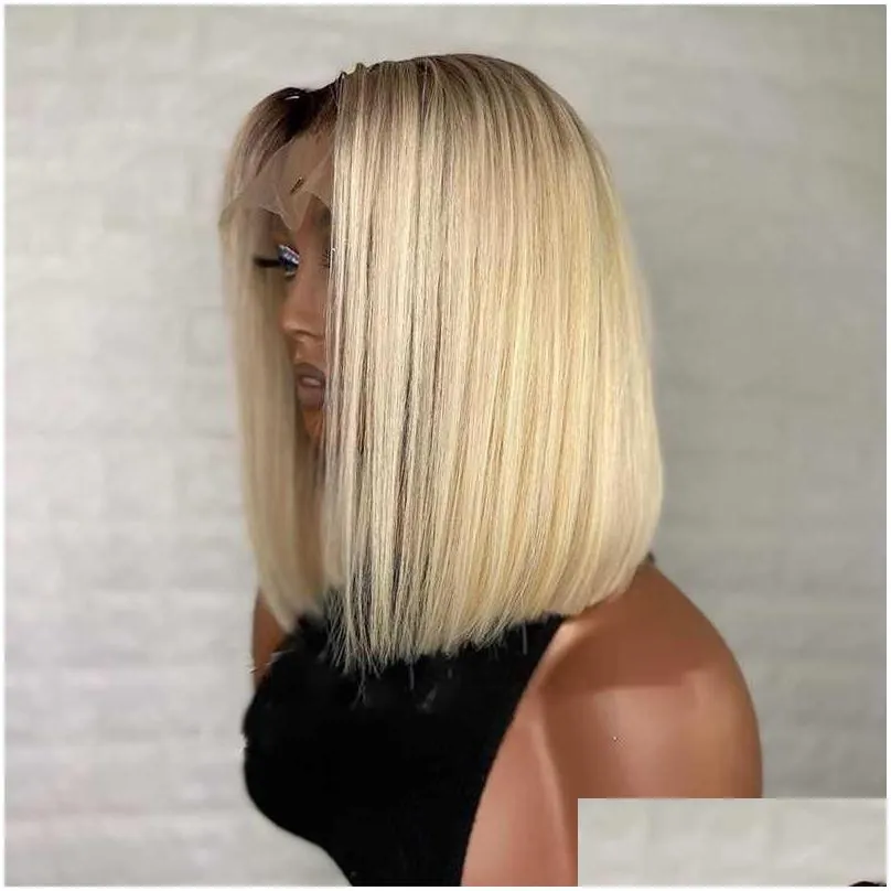 Synthetic Wigs Short Bob Colored Ombre Blonde 1B613 Middle Ratio 13X4 Lace Front Wig With Baby Hair For Black Women Glueless Drop Del Dhdbw