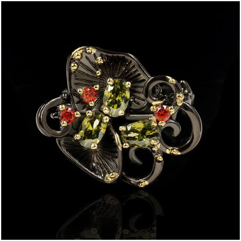 Cluster Rings Cizeva Noble Elegant Flower Black Gold Wedding Retro Relief Orc Inlay Zircon Cocktail Drop Delivery Dhmla